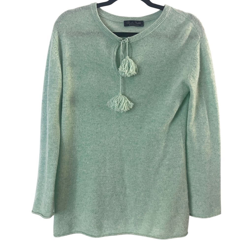 Claudia‎ Nichole Cashmere Mint Green Crewneck Sweater with PomPoms S